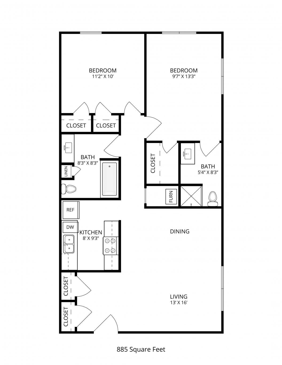 A floor plan of a two-bedroom, two-bathroom apartment with a kitchen and living room.
