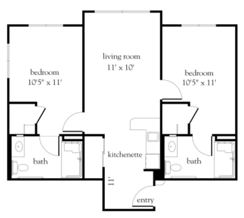A floor plan of a two-bedroom apartment featuring a central living room and two bathrooms.