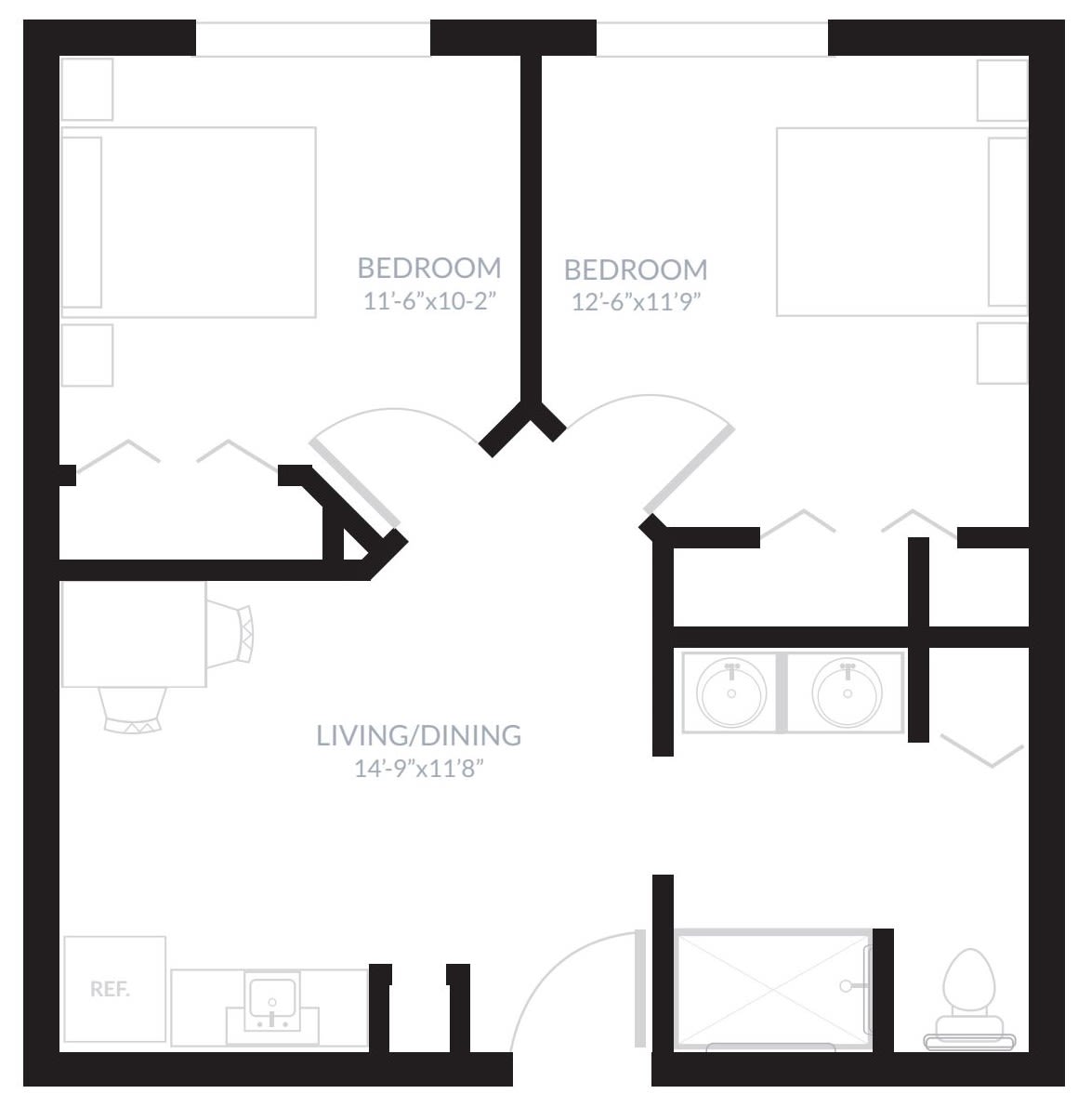 A black and white floor plan of an apartment featuring two bedrooms, a shared living area, and two bathrooms.