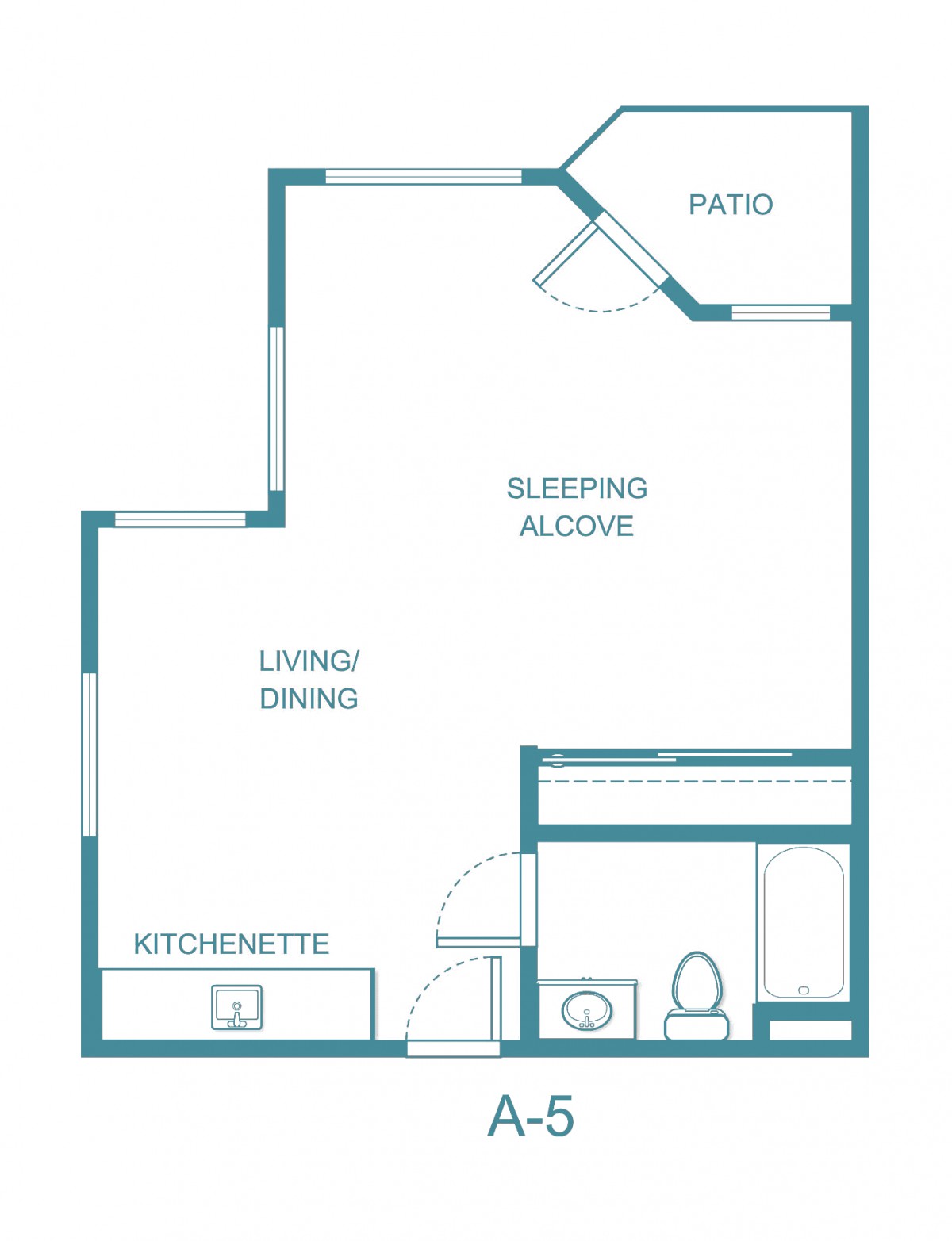 Floor plan of a studio apartment with kitchenette, living/dining area, sleeping alcove, bathroom, and patio.