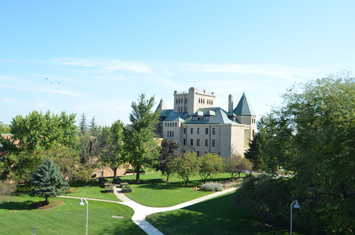 A picturesque view of a castle surrounded by lush greenery and clear blue skies.