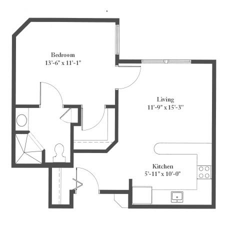 A floor plan of a one-bedroom apartment, showing the layout of the living room, kitchen, bedroom, and bathroom.
