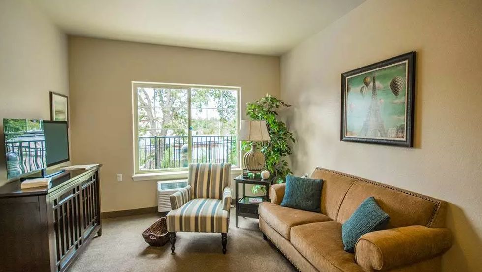 A cozy living room with a sofa, armchair, and a large window letting in natural light.