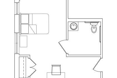 A simple floor plan showing a bedroom and an adjoining bathroom.