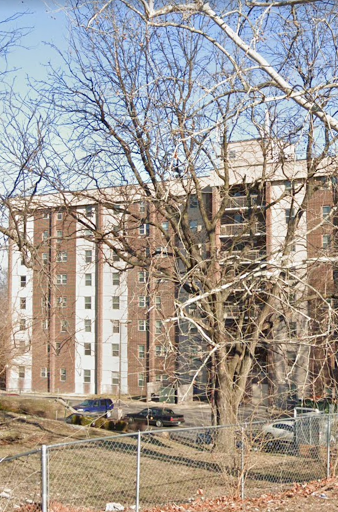 A residential apartment building surrounded by bare trees on a clear day.