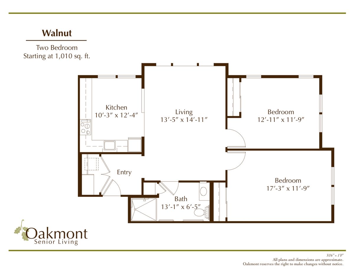 A floor plan of an apartment featuring two bedrooms, a living room, kitchen, dining area, and bathroom.
