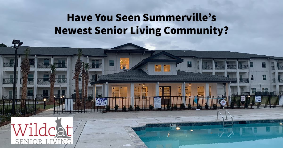 Promotional image of Summerville's newest senior living community featuring a pool.