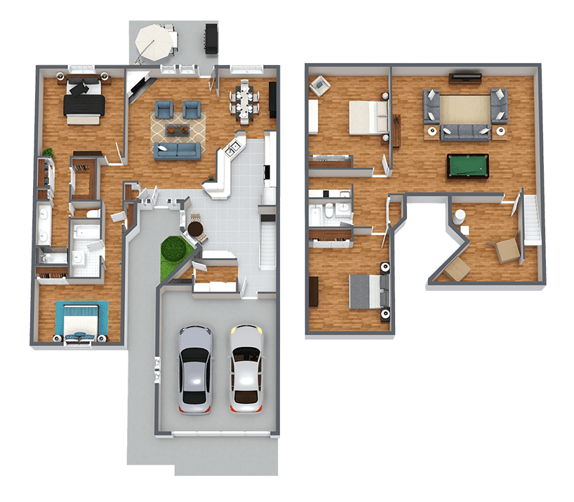 A detailed floor plan of a two-story house with multiple bedrooms, a garage, and open living spaces.