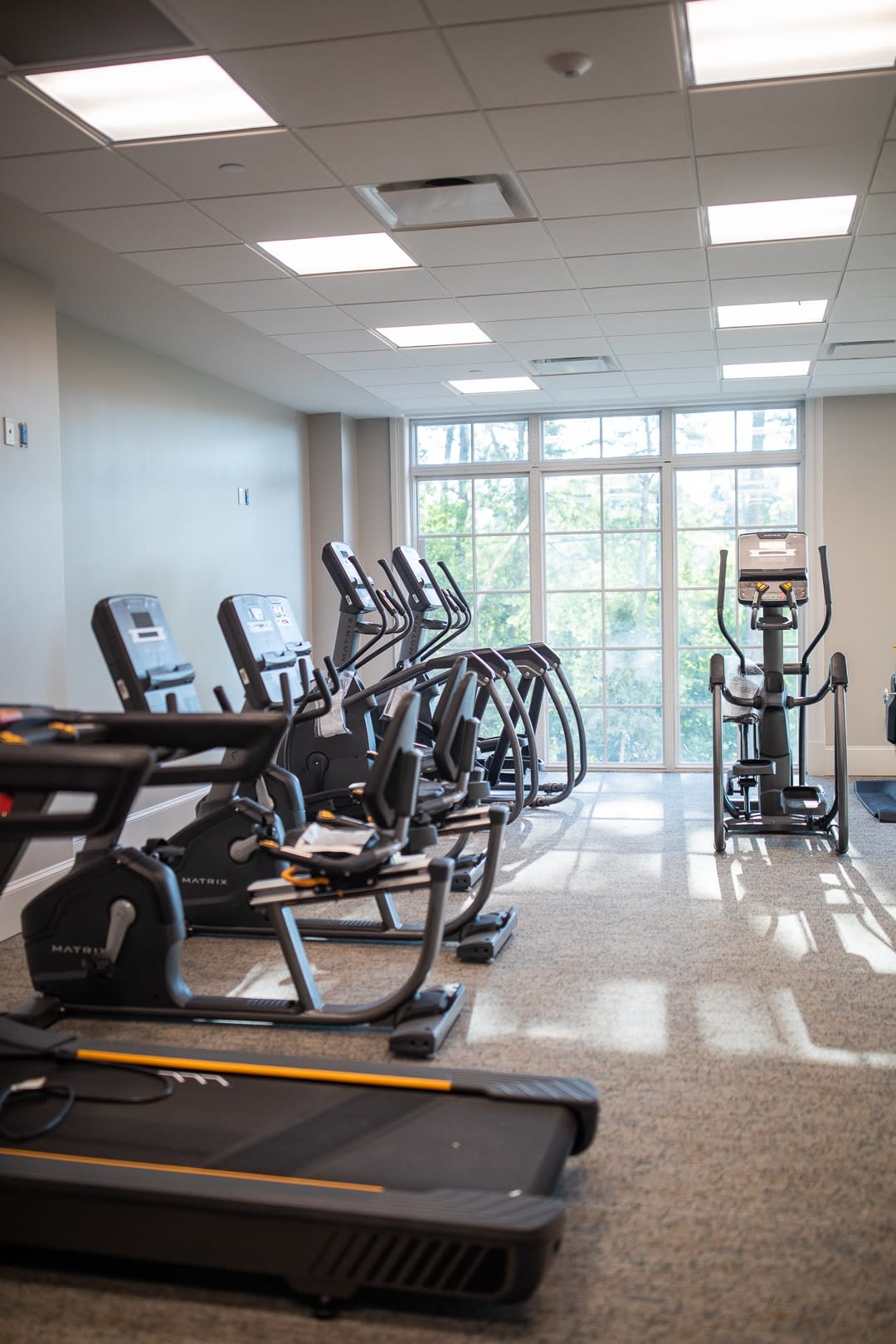 A well-equipped gym with treadmills and elliptical machines.