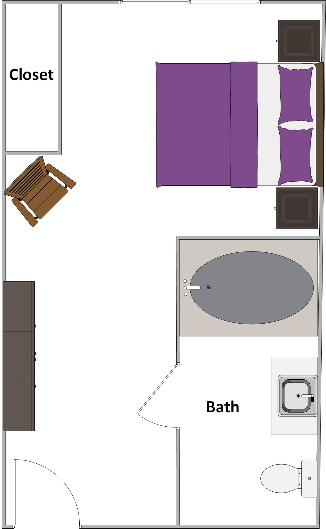 A simple floor plan layout showing a bedroom and attached bathroom.