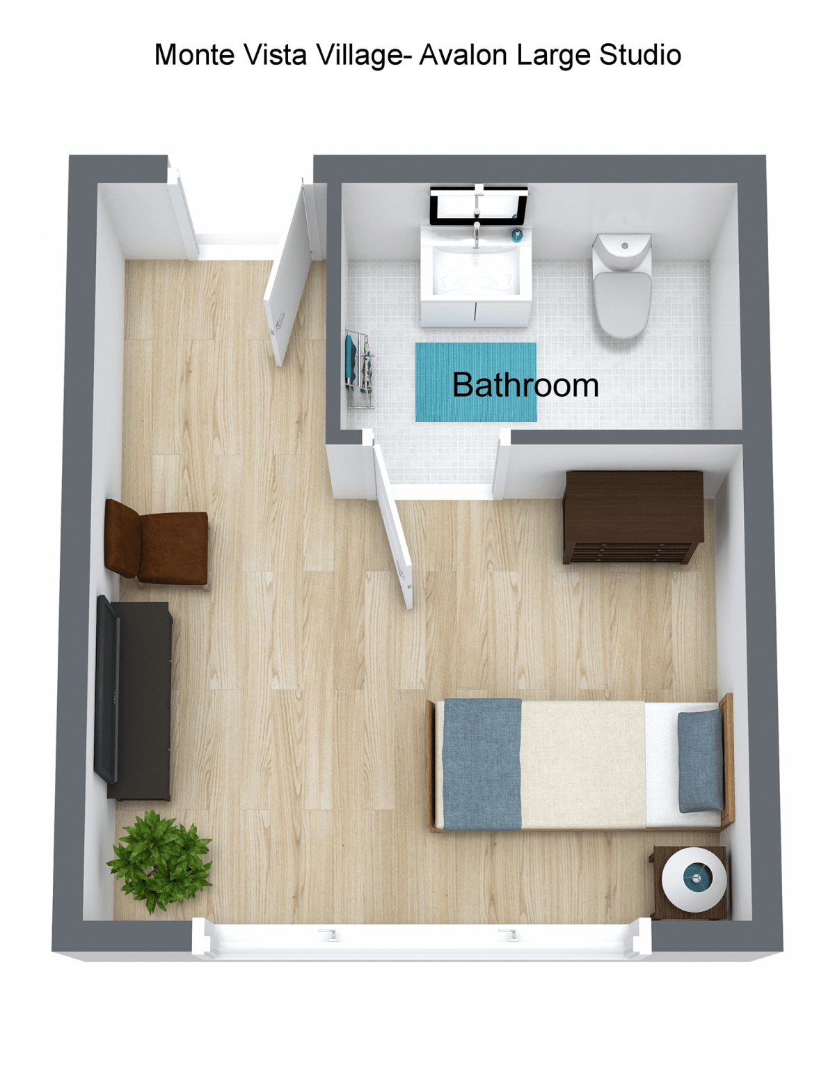 A 3D rendered floor plan of a small living space featuring a bedroom and an attached bathroom.