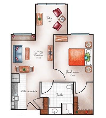 A detailed floor plan of a one-bedroom apartment with designated living, dining, kitchen, and bathroom areas.