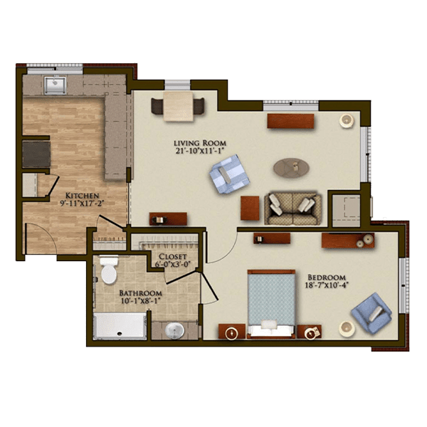 A floor plan of a one-bedroom apartment with a living room, kitchen, and bathroom.