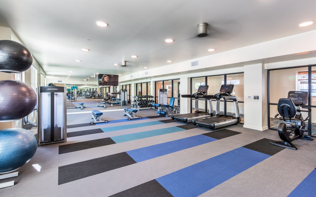 A modern gym with various exercise equipment, including treadmills and benches, in a spacious and brightly lit environment.