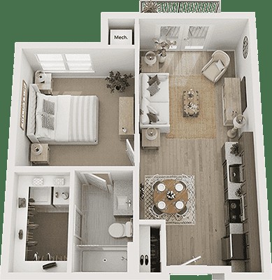 A 3D floor plan of a one-bedroom apartment with a living room, kitchen, and bathroom.
