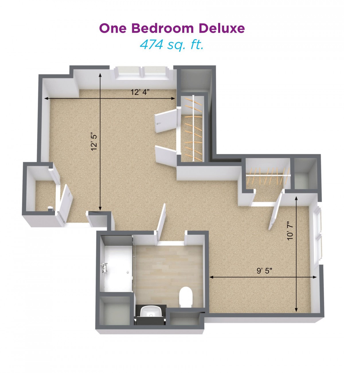 A 676 sq. ft. floor plan for a one-bedroom deluxe apartment, illustrating the layout of the space.