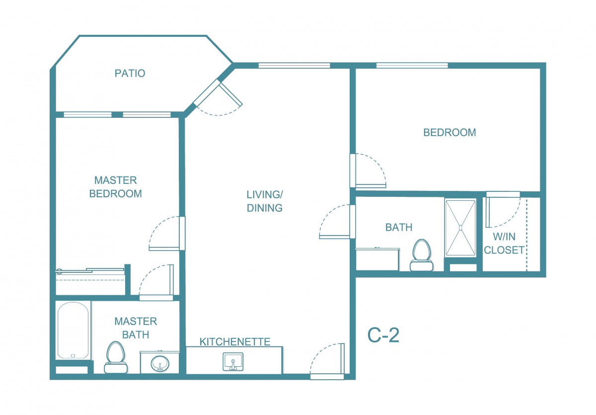 Blueprint of a two-bedroom apartment with living room, kitchen, and two bathrooms.