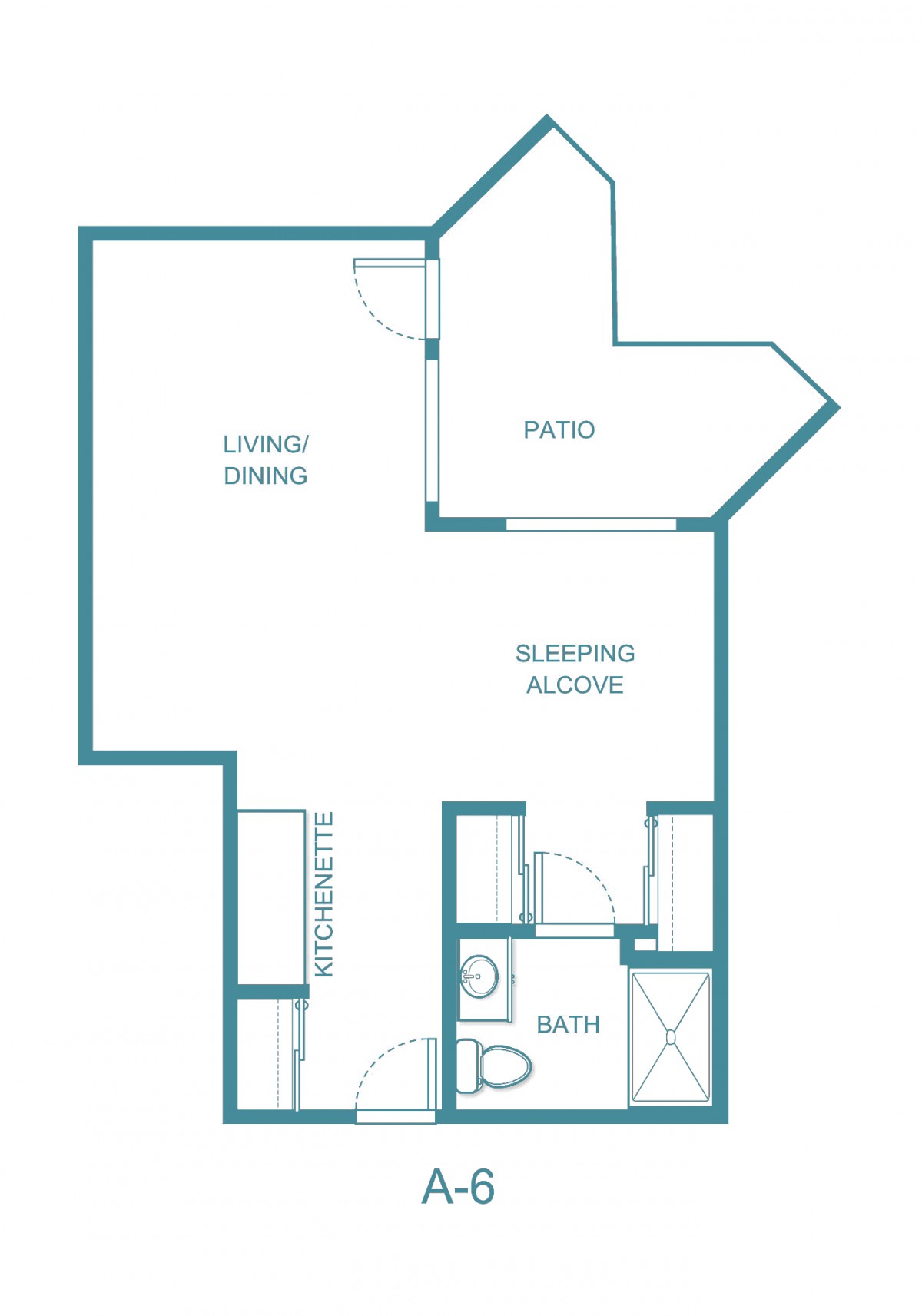 Studio apartment floor plan with a living area, sleeping alcove, kitchenette, bathroom, and patio.