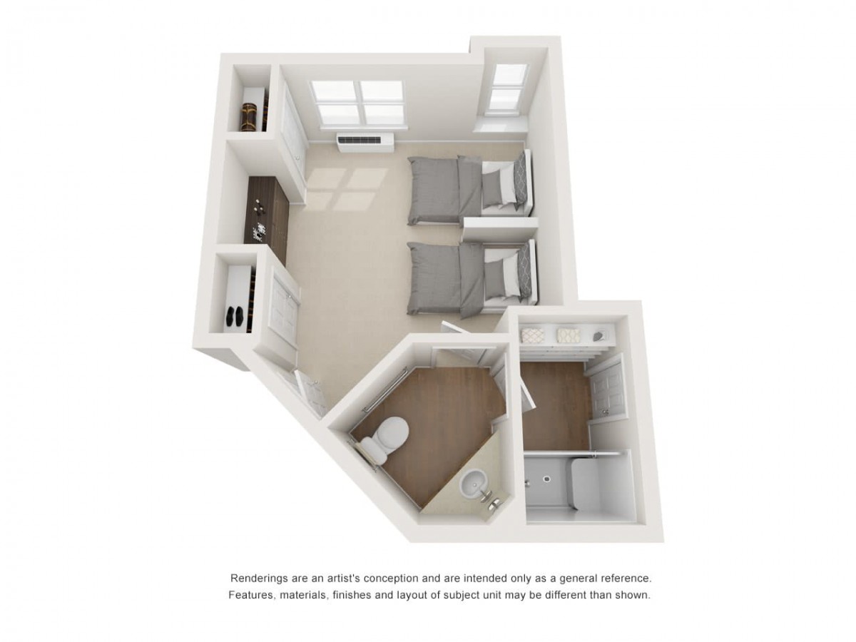 3D floor plan of a small apartment featuring a bedroom with two beds and an adjoining bathroom.
