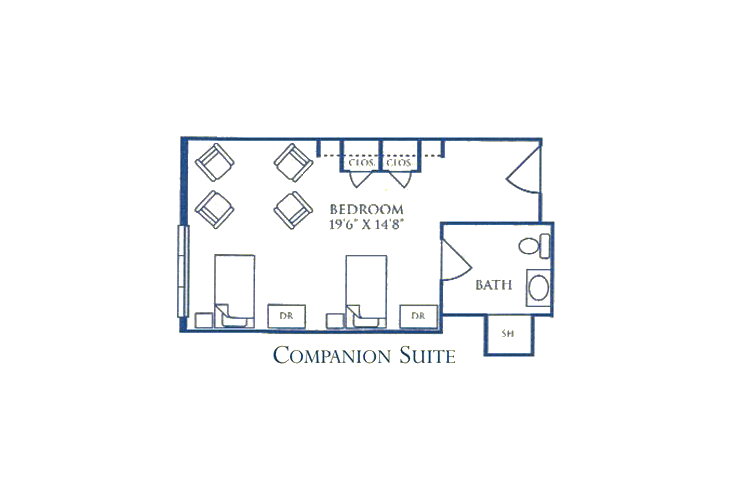 Floor plan of a companion suite featuring a bedroom and bathroom.