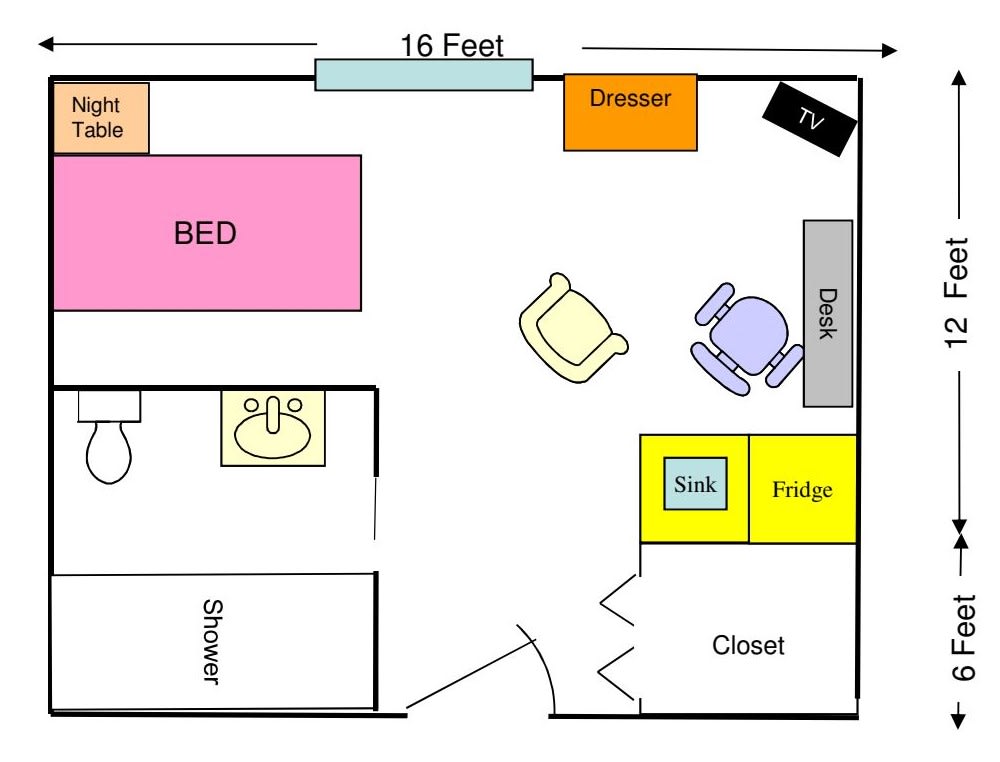 A simple floor plan of a bedroom featuring a bed, dresser, TV, desk, chair, sink, fridge, closet, and bathroom.