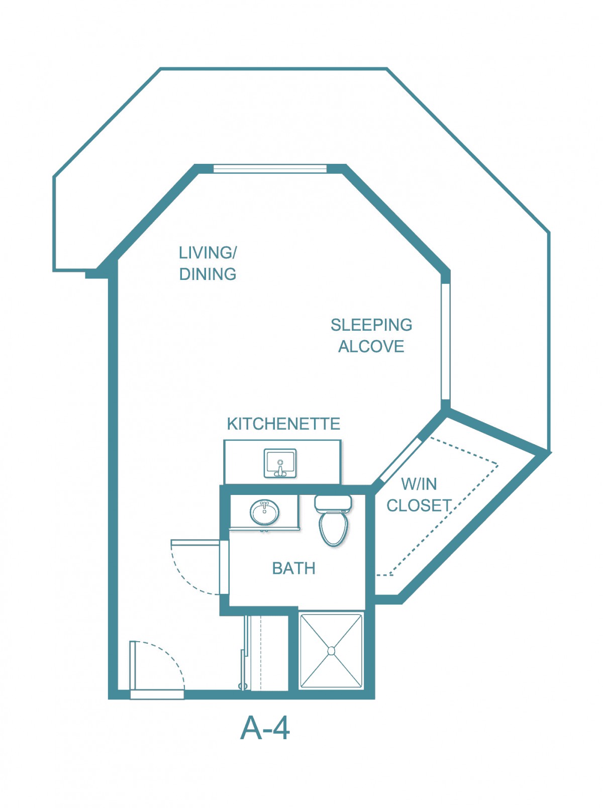 A floor plan of a studio apartment featuring a living/dining area, sleeping alcove, kitchenette, and bathroom.