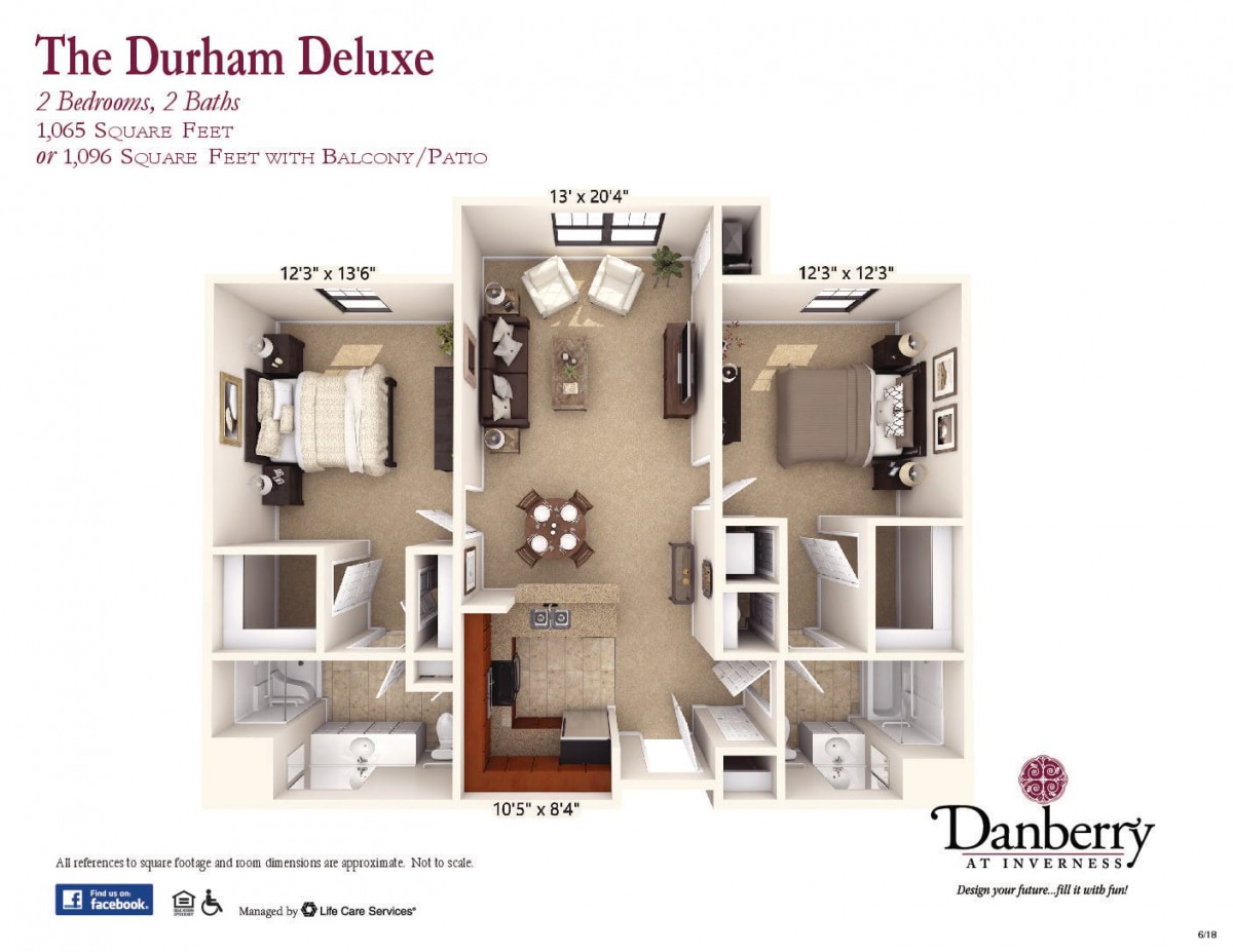 Floor plan of a Durham Deluxe apartment featuring 2 bedrooms and 2 baths.