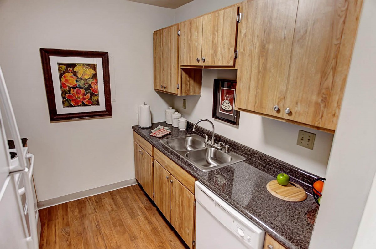 A cozy kitchen with wooden cabinets, a granite countertop, a double sink, and a dishwasher, featuring wood flooring and decorative wall art.