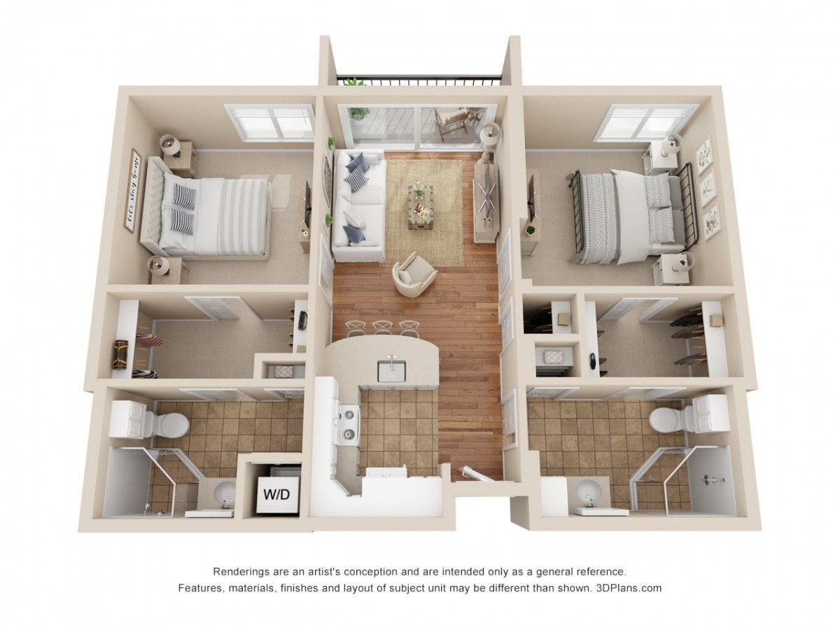 A 3D floor plan showing a two-bedroom apartment layout with shared living spaces.