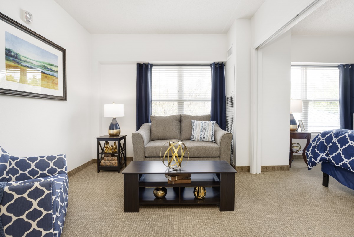 A modern living room with a cozy sofa, coffee table, and elegant decor.