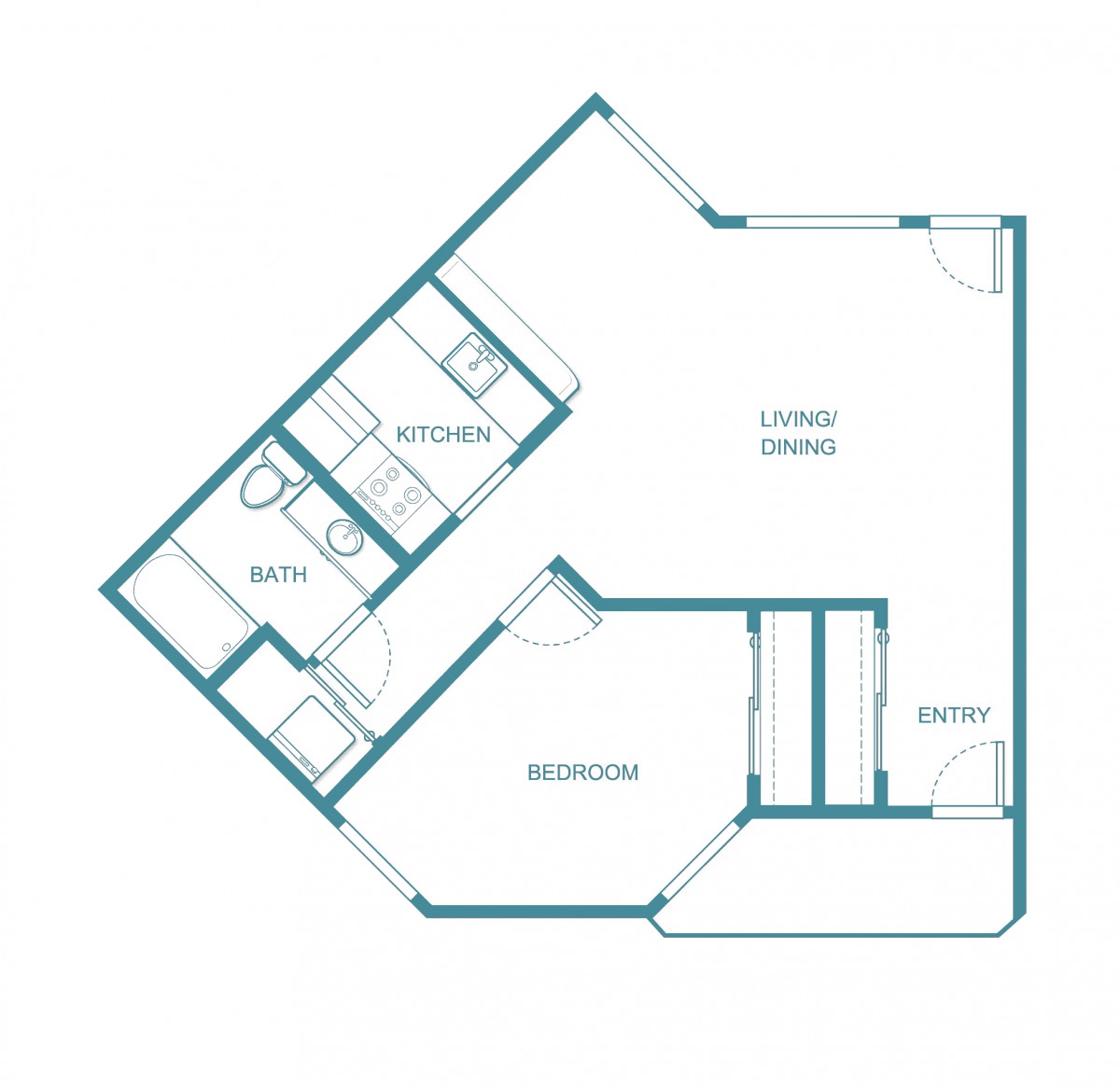 A floor plan of a one-bedroom apartment with a living area, kitchen, and bathroom.