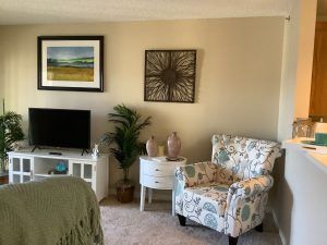 A cozy living room corner featuring a patterned armchair, small side table with vases, TV stand with a television, and decorative artwork on the walls.