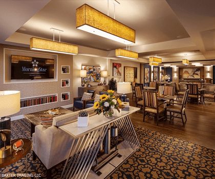 A warm and inviting hotel lobby with elegant furnishings and ambient lighting.