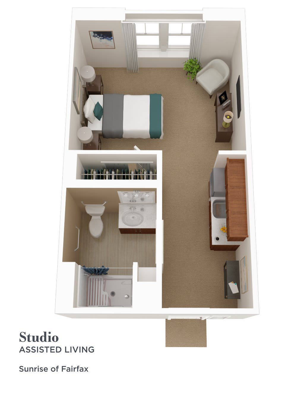 A top-down view of a studio apartment floor plan, showcasing bedroom, bathroom, and kitchen spaces.