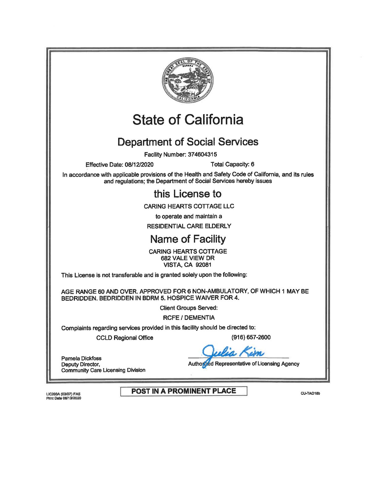 A State of California Department of Social Services facility license document.