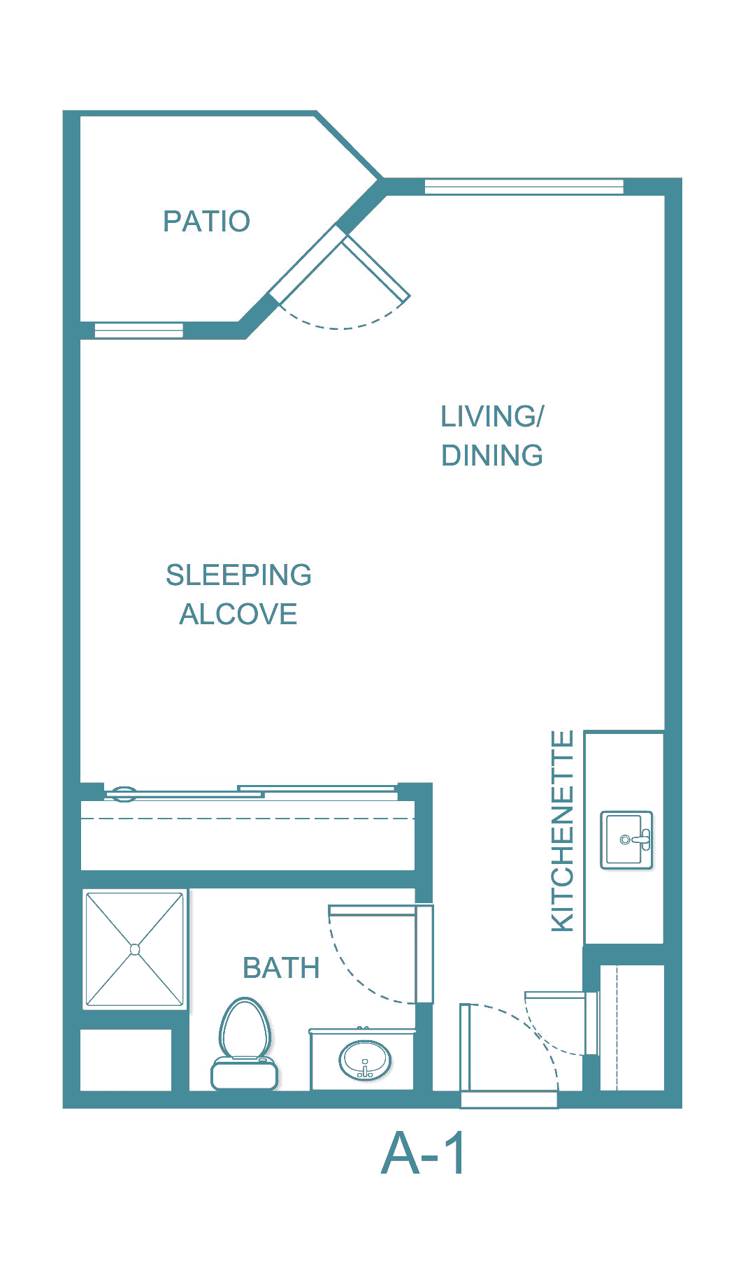A floor plan of a studio apartment featuring a sleeping alcove, living/dining area, kitchenette, and bathroom.