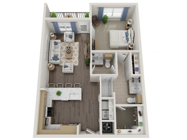 A 3D floor plan of a one-bedroom apartment featuring an open kitchen, living area, and bathroom.