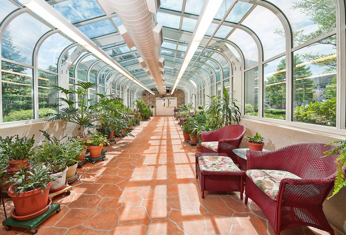 A sunlit conservatory with potted plants and comfortable seating.