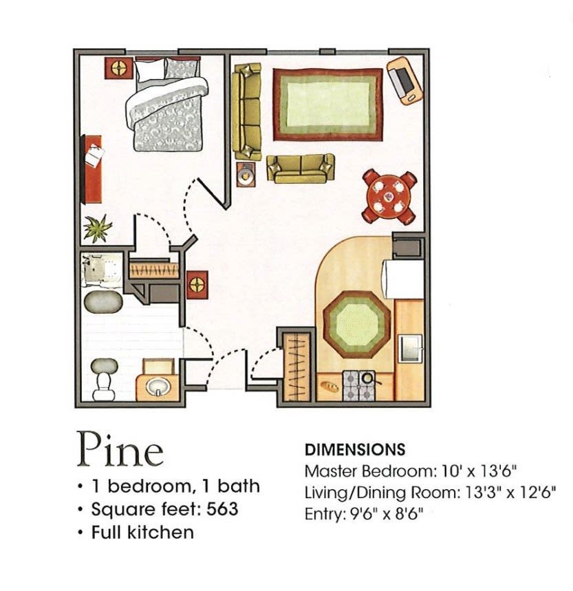 Floor plan of a Pine apartment featuring one bedroom, one bathroom, living area, and full kitchen.