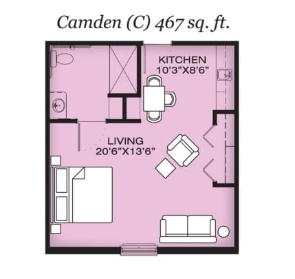 A floor plan of the Camden studio apartment, covering 467 square feet.