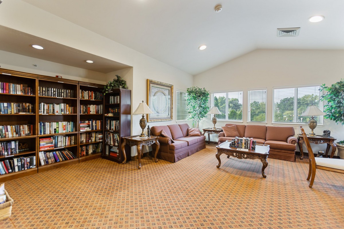 A cozy living room with a bookshelf, sofas, and large windows.