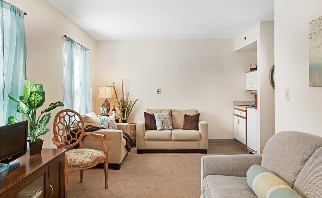 A cozy living room with comfortable seating and soft lighting.