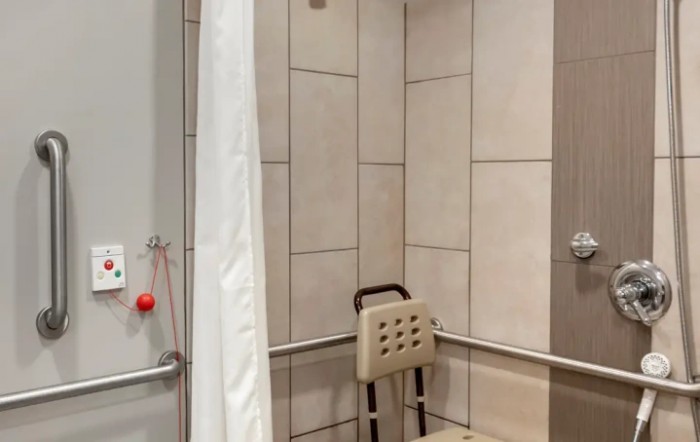 An accessible bathroom with a shower chair and grab bars for safety.
