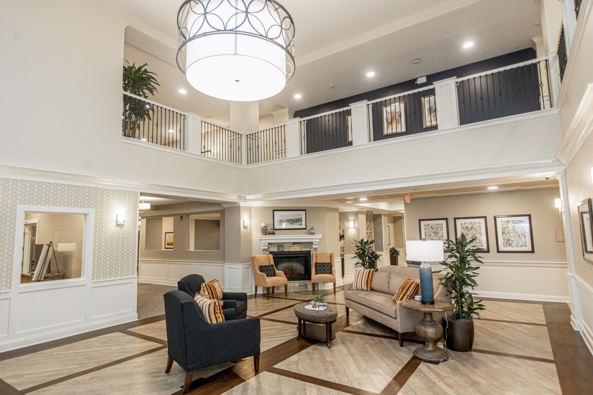 A modern lobby with elegant furniture and stylish lighting.
