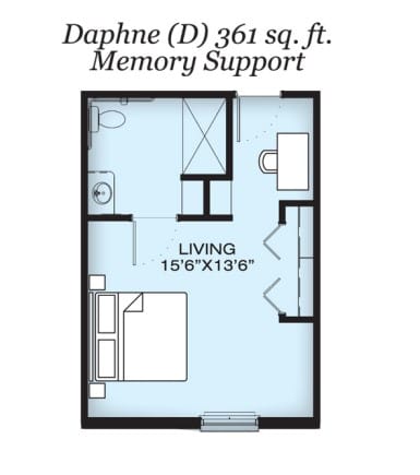 Floor plan of a 361 sq. ft. memory support apartment named 'Daphne'.
