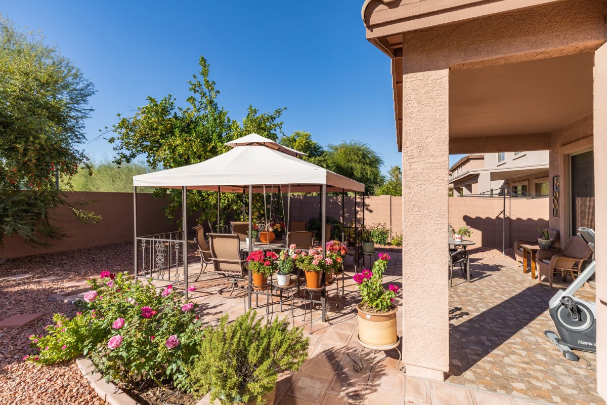 A sunny backyard patio featuring a charming gazebo surrounded by lush plants and outdoor furniture.