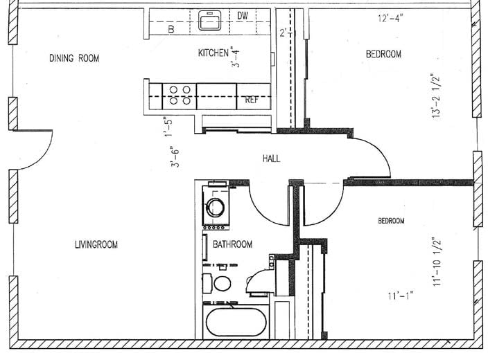 A detailed floor plan showing the layout of an apartment with kitchen, hall, bedroom, and bathroom.