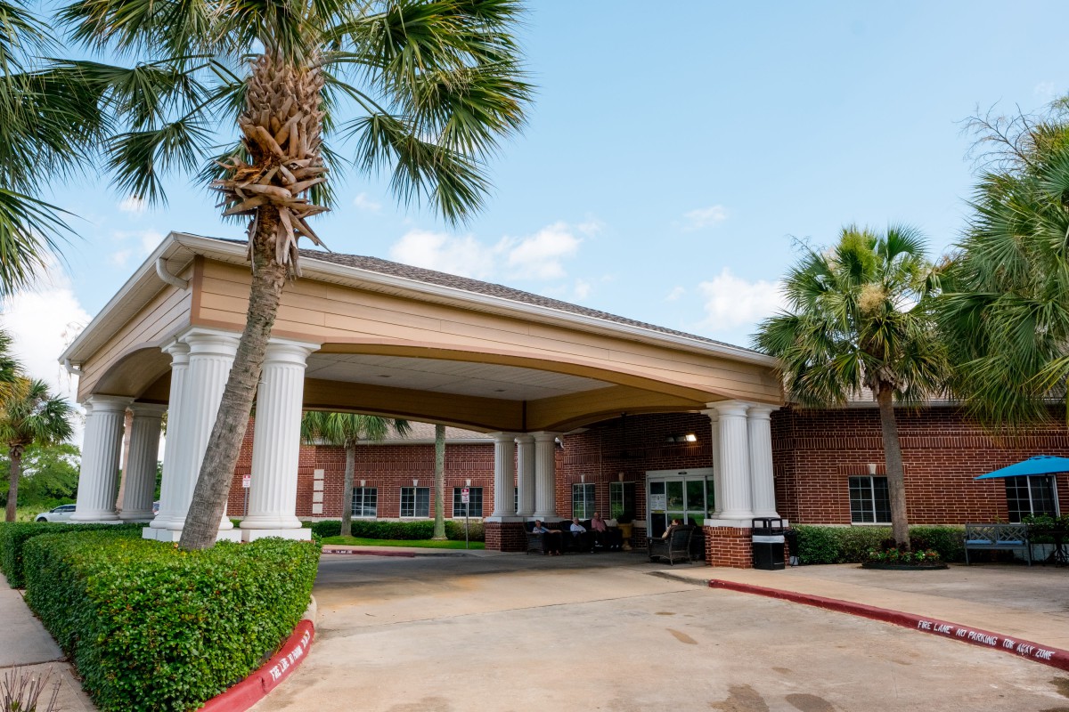 Entrance of a building with a covered walkway and palm trees.