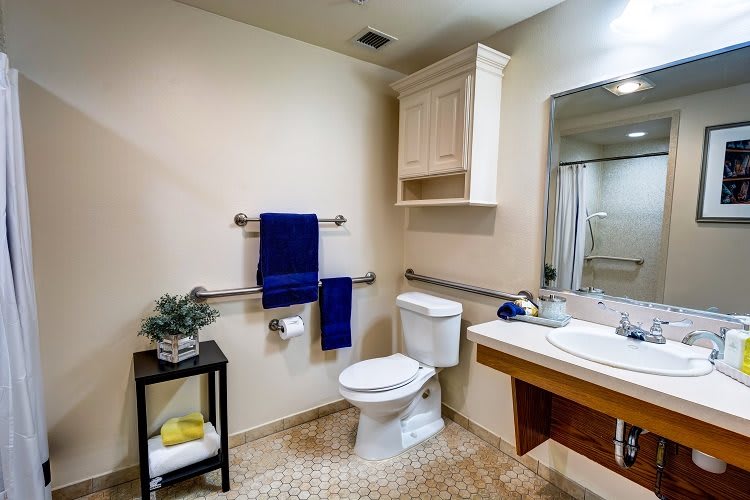 A well-organized bathroom with a toilet, washbasin, and blue towels.