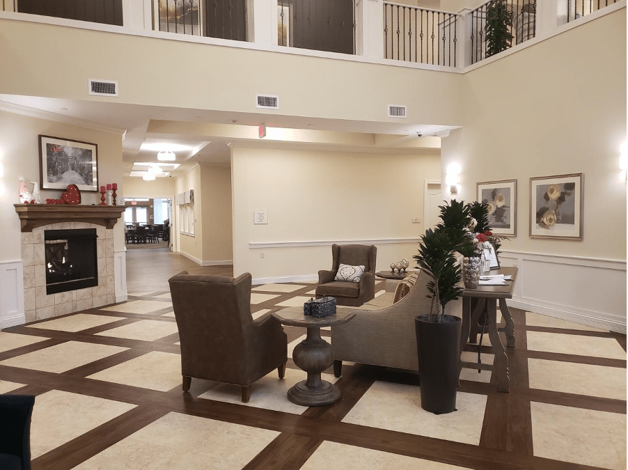 A modern lobby with comfortable seating and elegant decor.